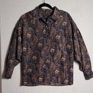 Ellen Tracy Blue and Tan Paisley Silk Blouse W/ Pleated Puff Sleeves Size 10P